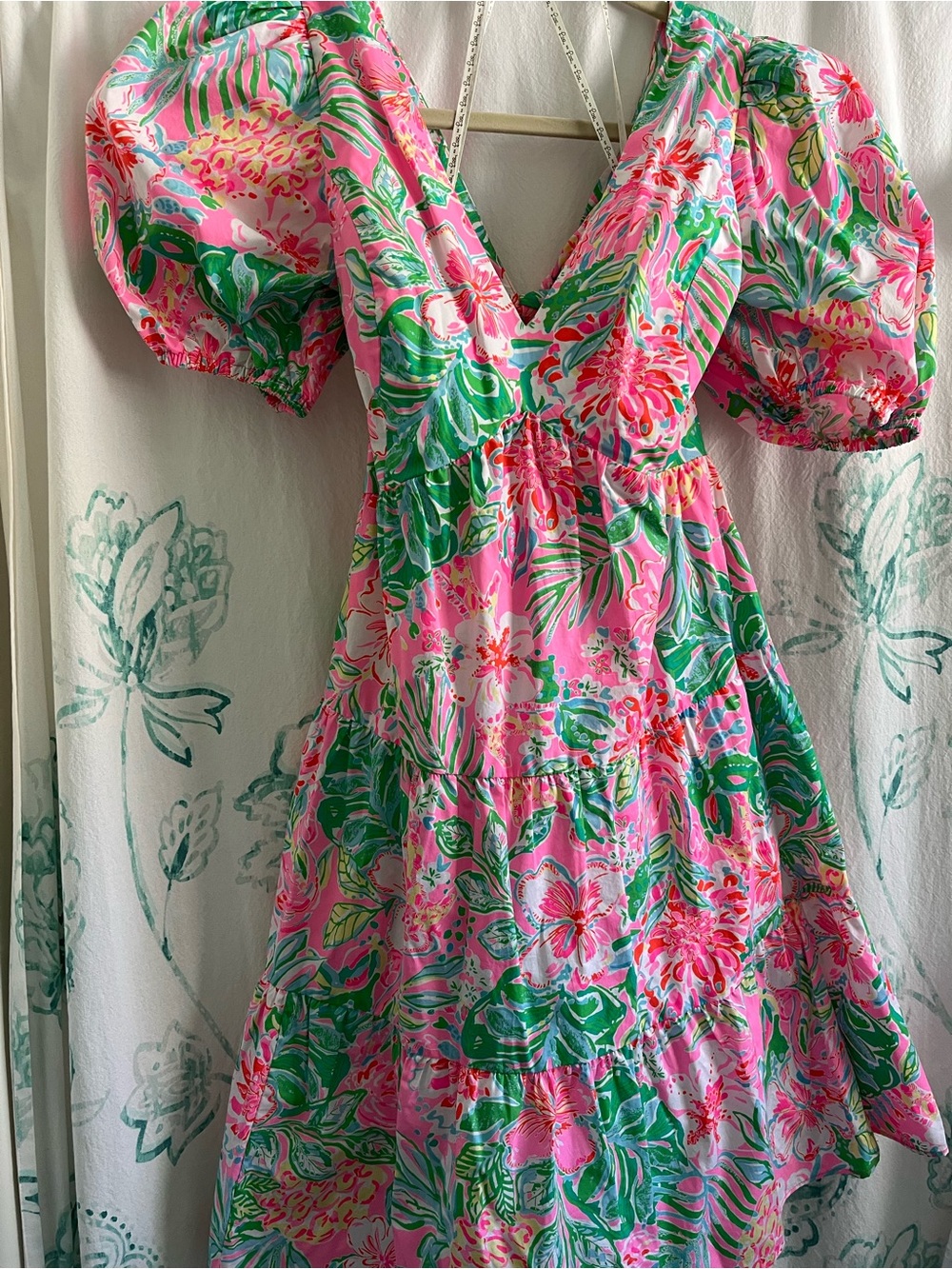 Lilly Pulitzer Pink Green Floral V-Neck Tiered Mini Dress - Picture 15 of 15